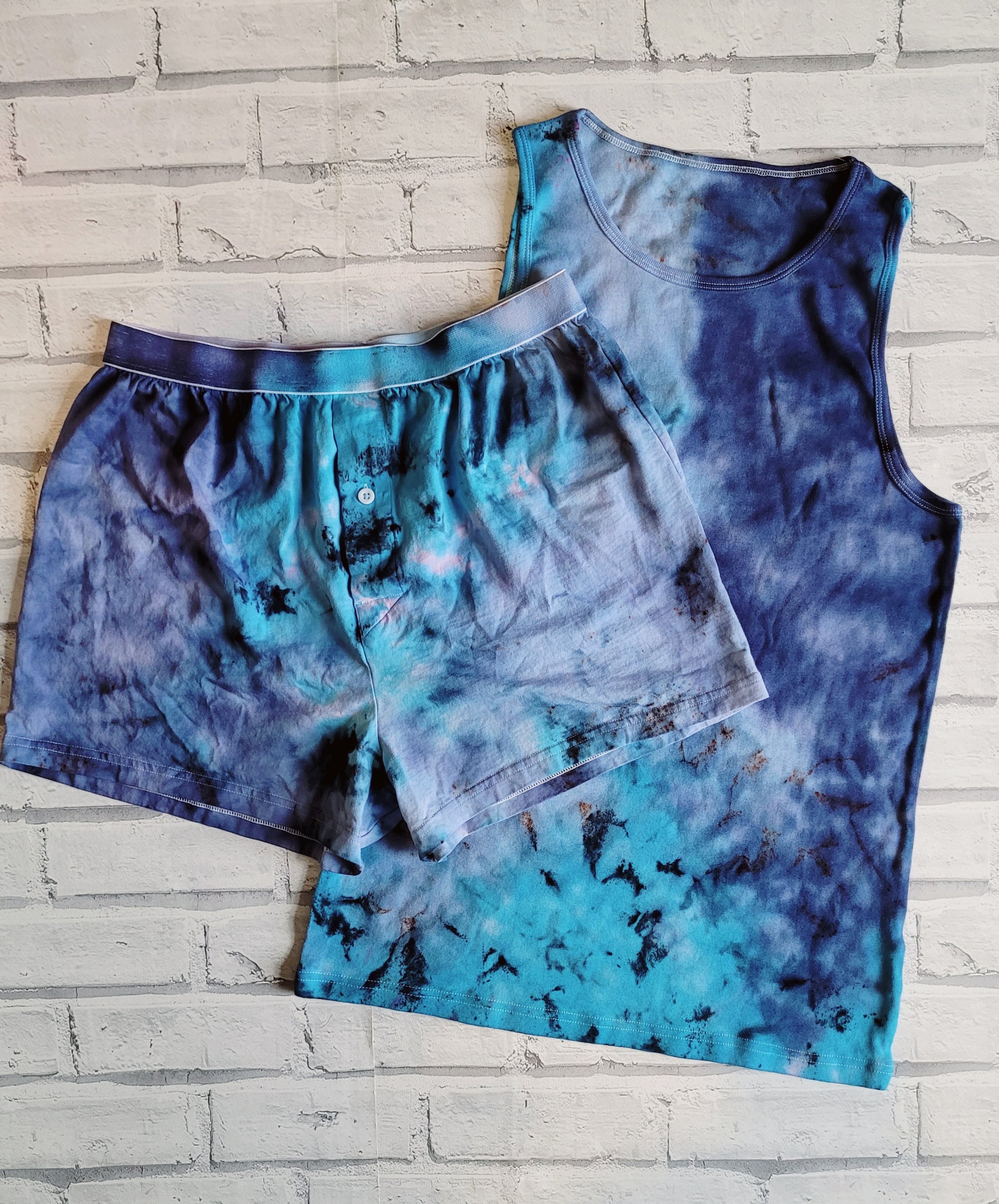 Blue Tie Dye Mens Underwear Set | Vest & Boxer Shorts | size M