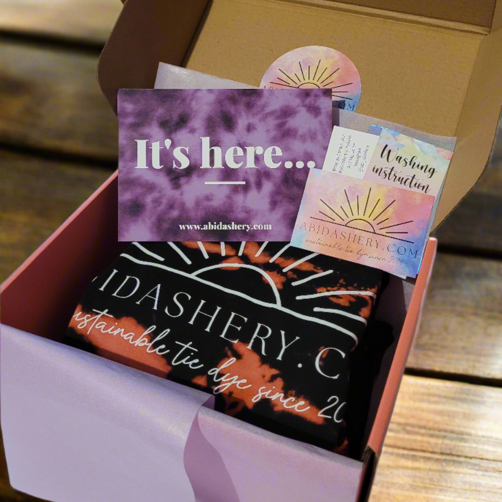 Tie dye hoodie mystery box packaging | AbiDashery | Hand Dyed in the UK