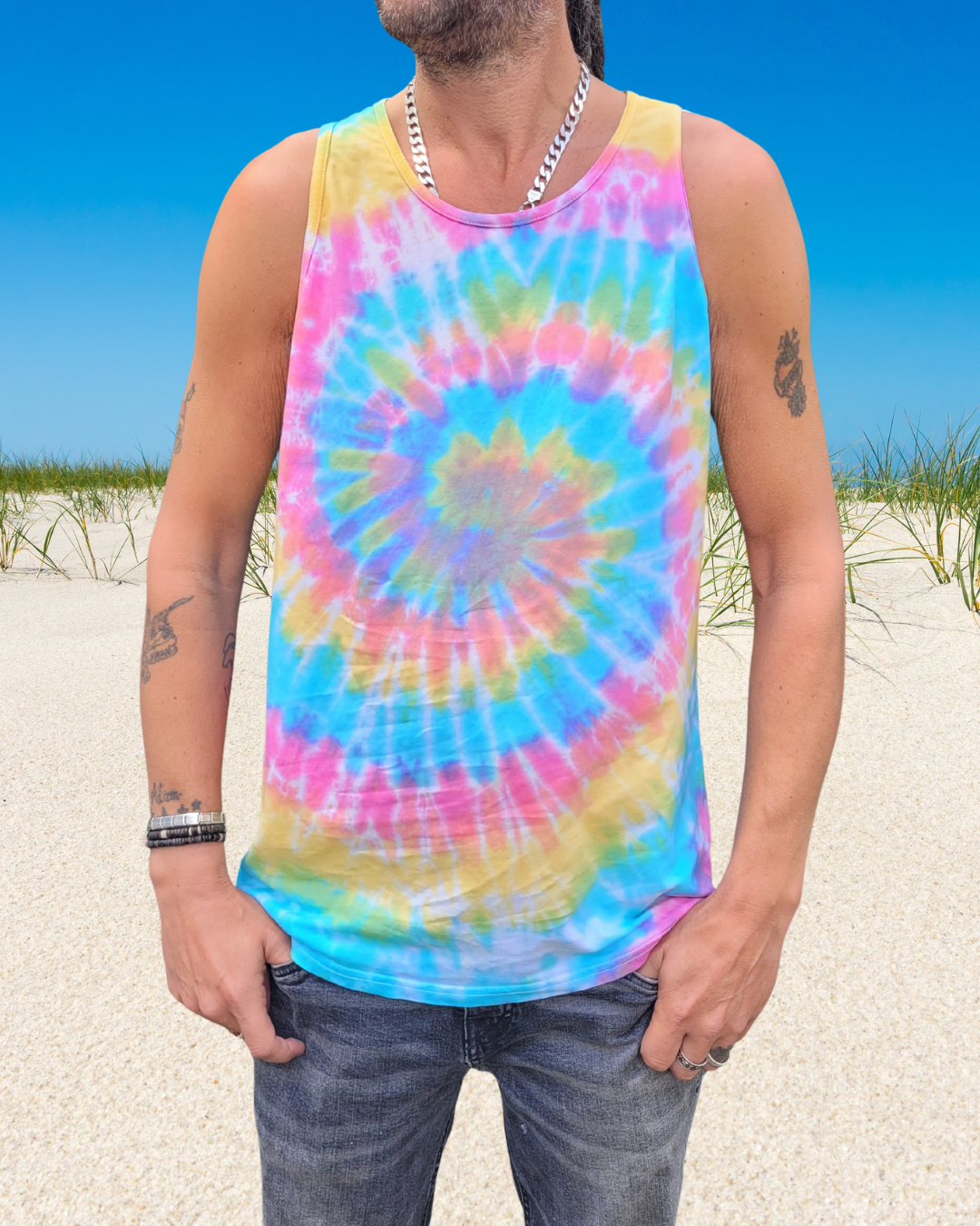 Summer Festival | Tie Dye Mens Tank Top | Organic Cotton | Pastel Rainbow
