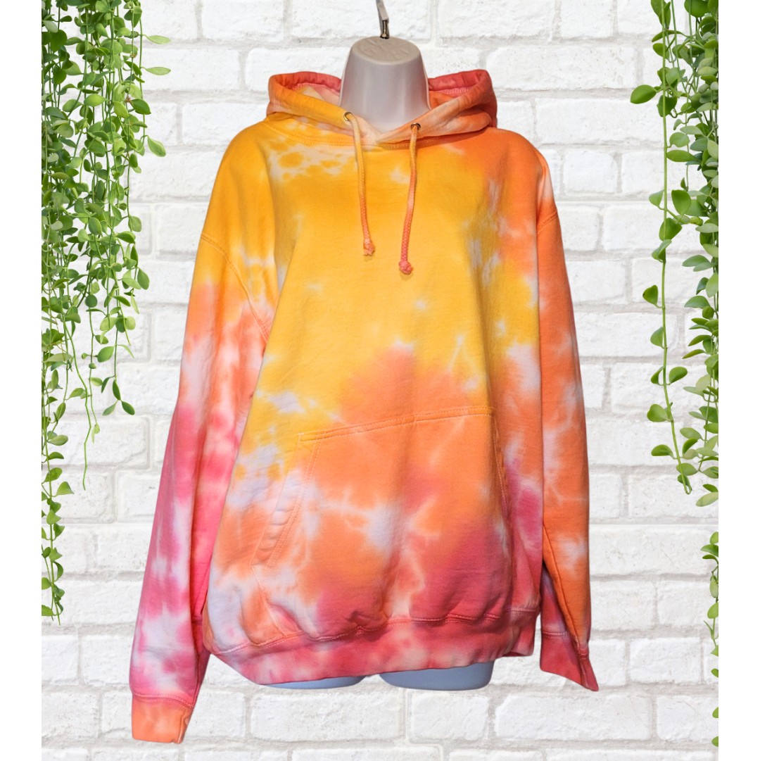 Pink, yellow & orange tie dye hoodie back view | Hand Dyed in the UK | AbiDashery