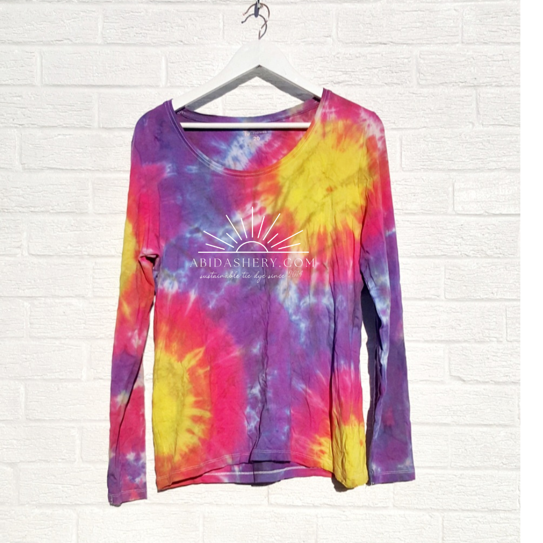 Long Sleeve Tie Dye Top UK 18 in Yellow, Pink and Purple