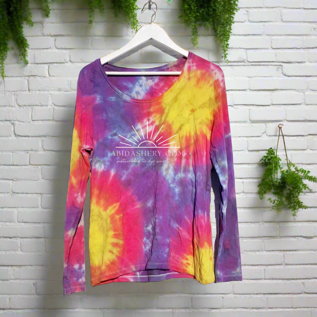 Long Sleeve Tie Dye Top UK 18 in Yellow, Pink and Purple