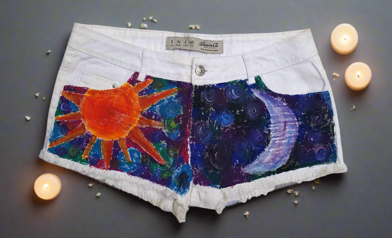Hand Painted Sun & Moon Denim Shorts UK 8 / US 4