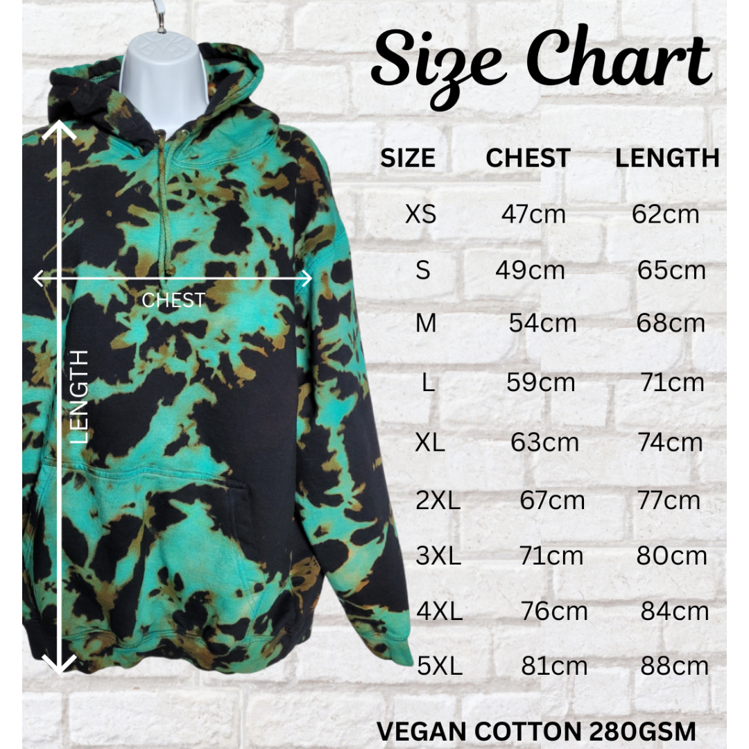 Red & black bleach tie dye hoodie size chart | Unisex XS–5XL | AbiDashery
