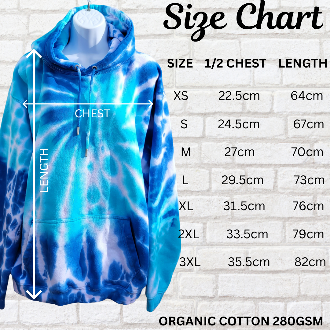 Rainbow tie dye hoodie size chart | Unisex XS–3XL | AbiDashery