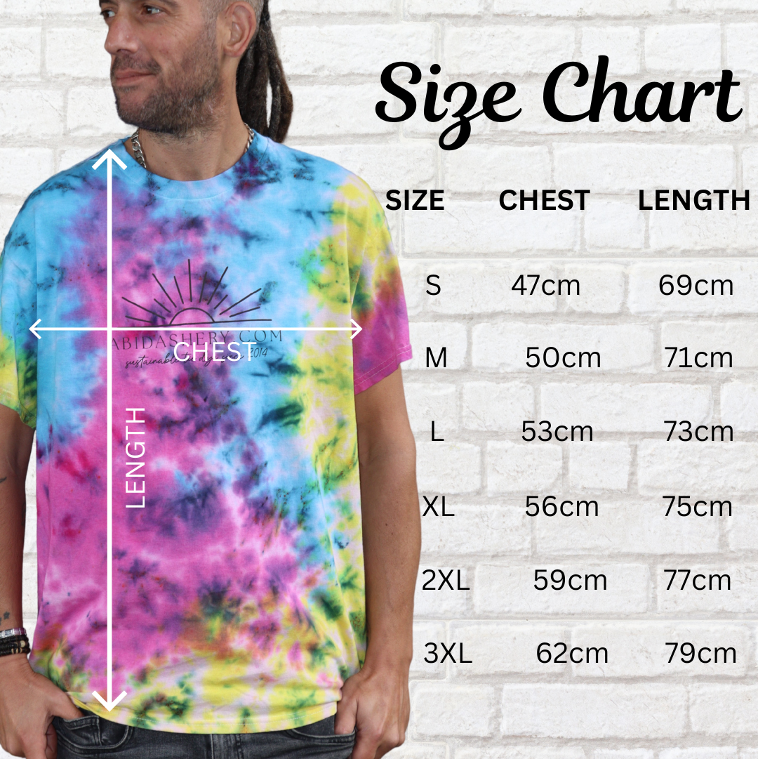 Hot pink bleach dye t-shirt size chart | Unisex S–3XL | AbiDashery