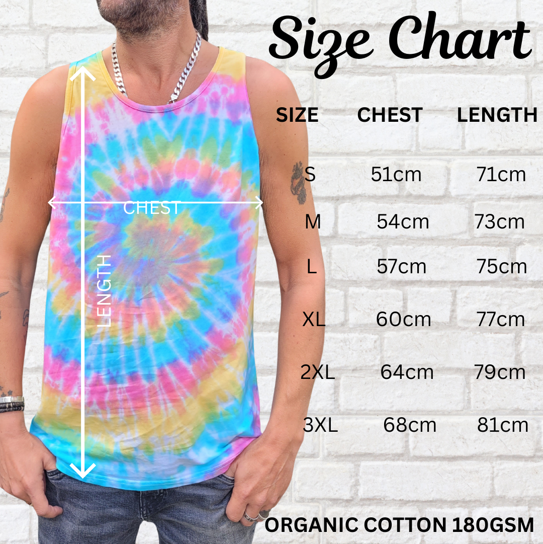 Blue & purple spiral tie dye vest top size chart | Men's S–XXL | AbiDashery