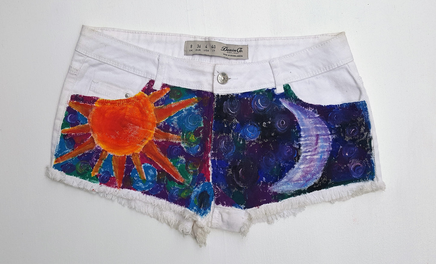 Hand Painted Sun & Moon Denim Shorts UK 8 / US 4