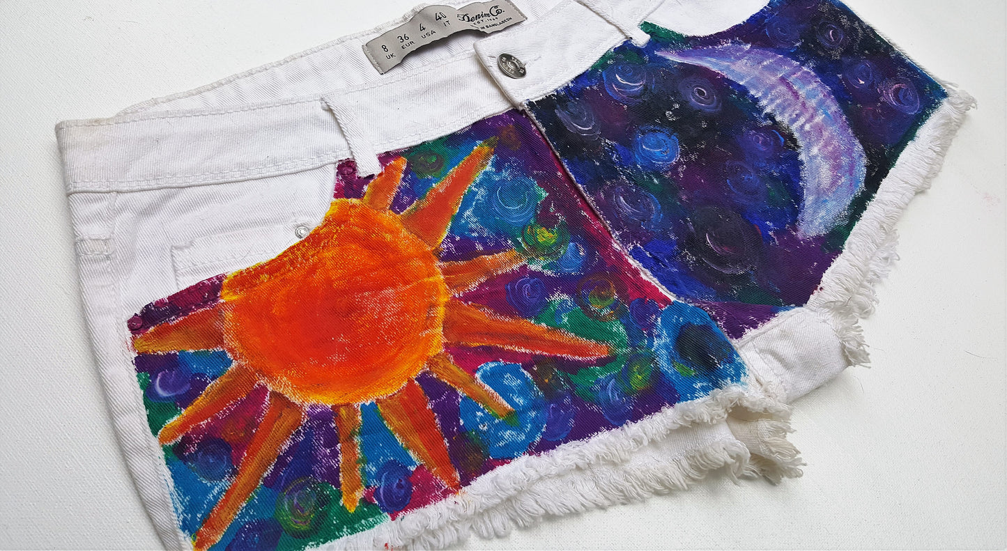 Hand Painted Sun & Moon Denim Shorts UK 8 / US 4
