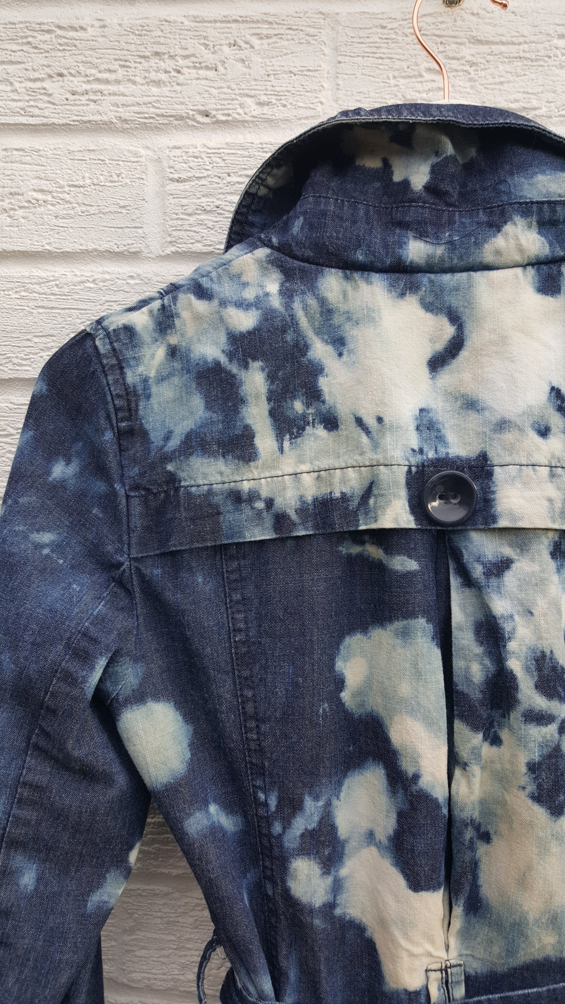 Upcycled denim coat, women's, hand dyed, mac style coat with belt, to fit UK size 10 or US size 6. This beautiful one of a kind coat is upcycled, so it's not just one of it's kind! It's also sustainable, ethical & friendly to the environment too! Hand dyed in the UK by AbiDashery. Only one available.   We only use recycled and compostable packaging!