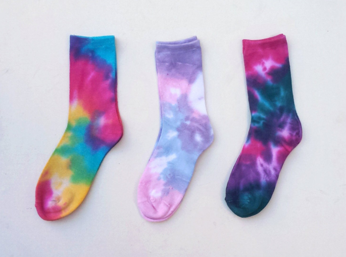 Tie dye socks for women. Gift set of 3 pairs of tie dye socks, packs will each contain x3 pairs of tie dye socks in a mixture of colours and may not be the same as socks shown, however each pair is hand dyed with love and each pair is special and unique.
