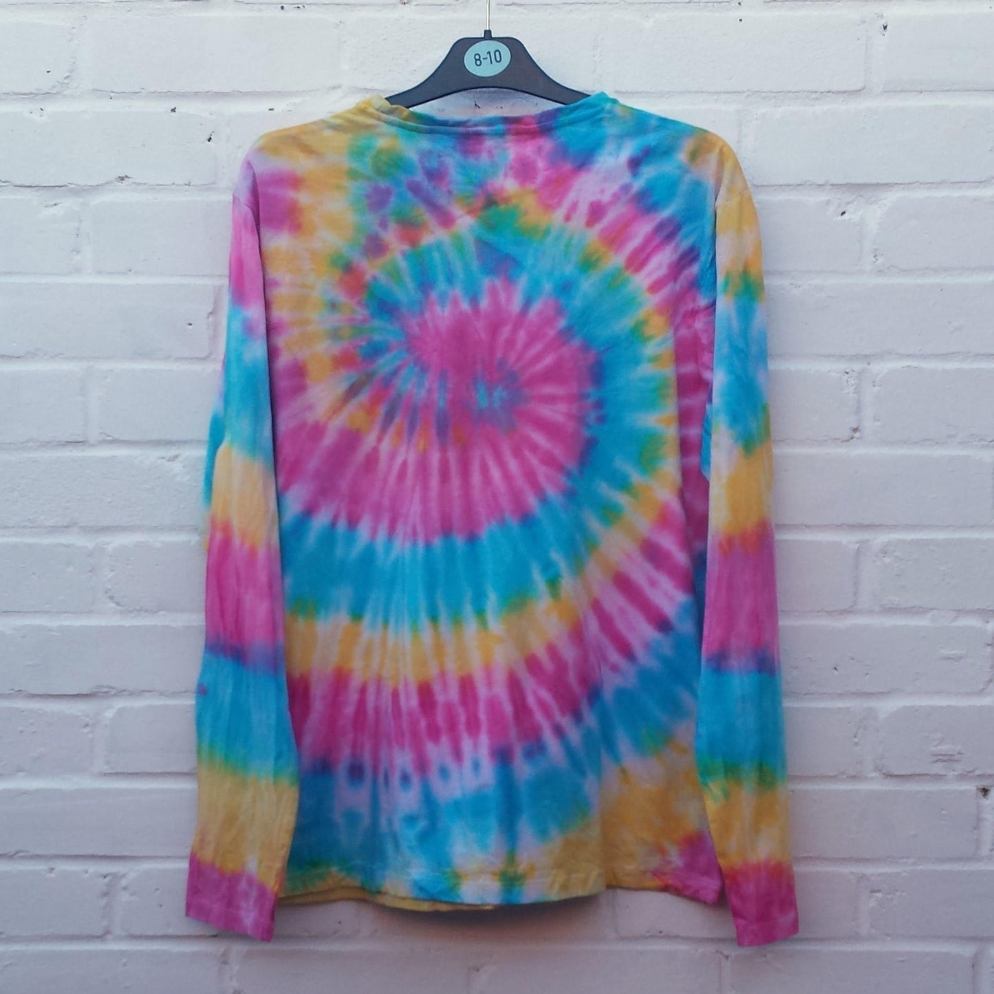 Pink, yellow & blue tie dye long sleeve shirt back view | Hand Dyed in the UK | AbiDashery