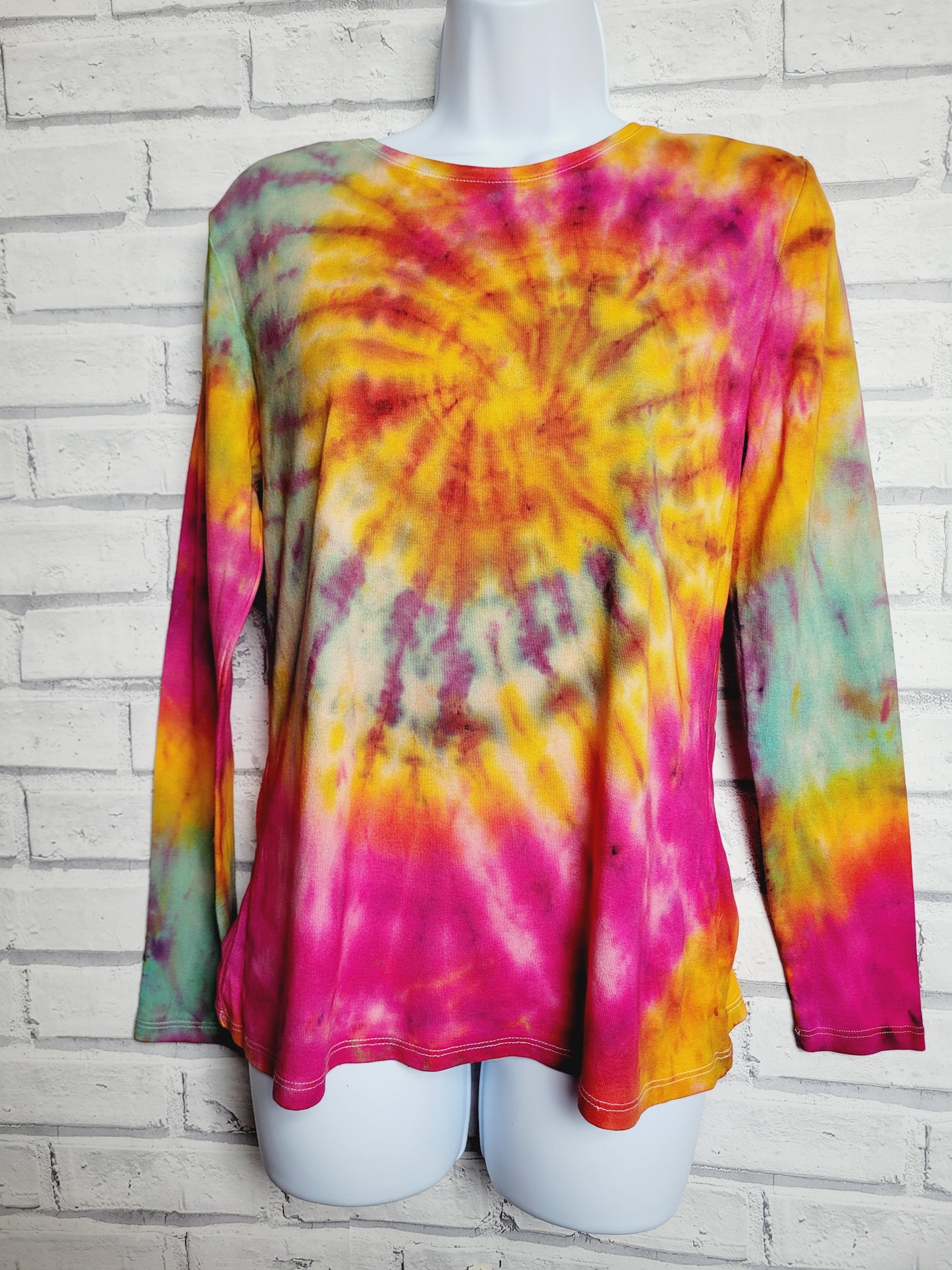 Long Sleeve Tie Dye Top UK 16/ US 12 in Yellow, Pink and Green