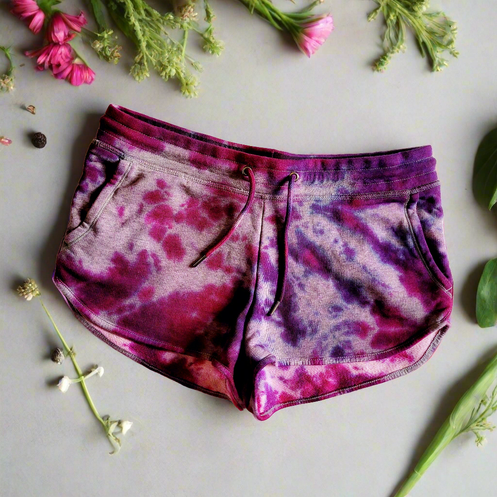 Organic Cotton Tie Dye Yoga Shorts Pink Purple Grey