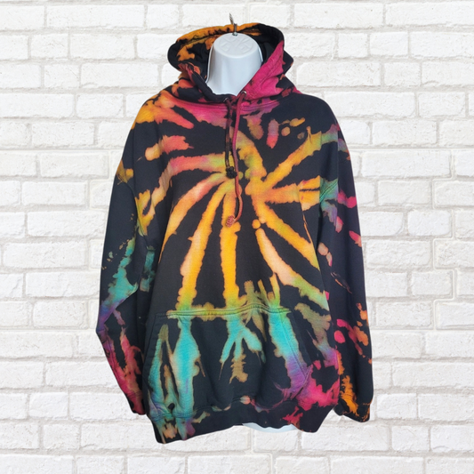 Rainbow & Black Tie Dye Hoodie | Bleach Dyed | Unisex Winter Fashion