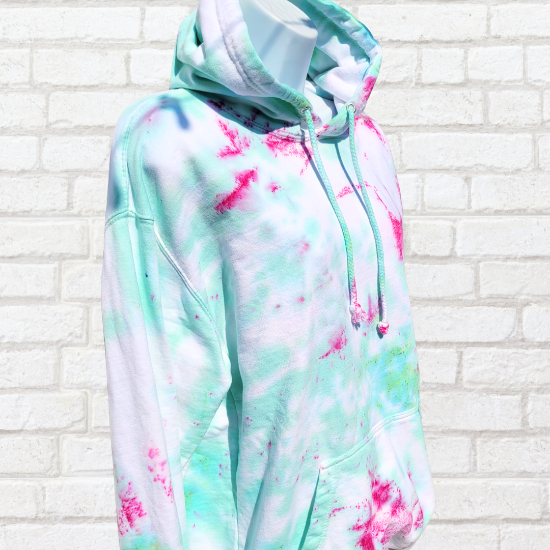 Mint green & hot pink tie dye hoodie | Cosy & sustainable | AbiDashery
