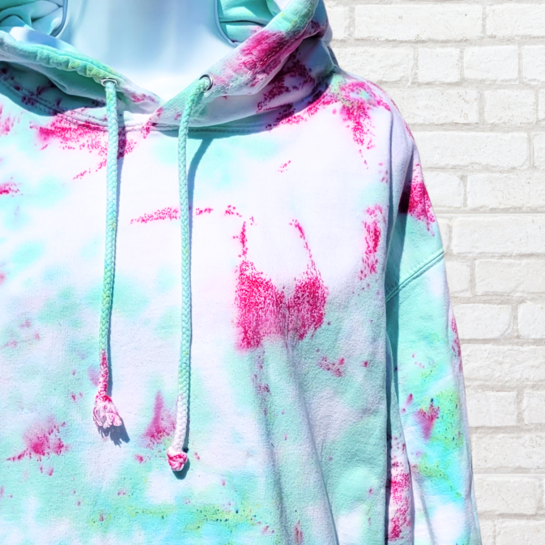 Mint green & hot pink tie dye hoodie back view | Hand Dyed in the UK | AbiDashery
