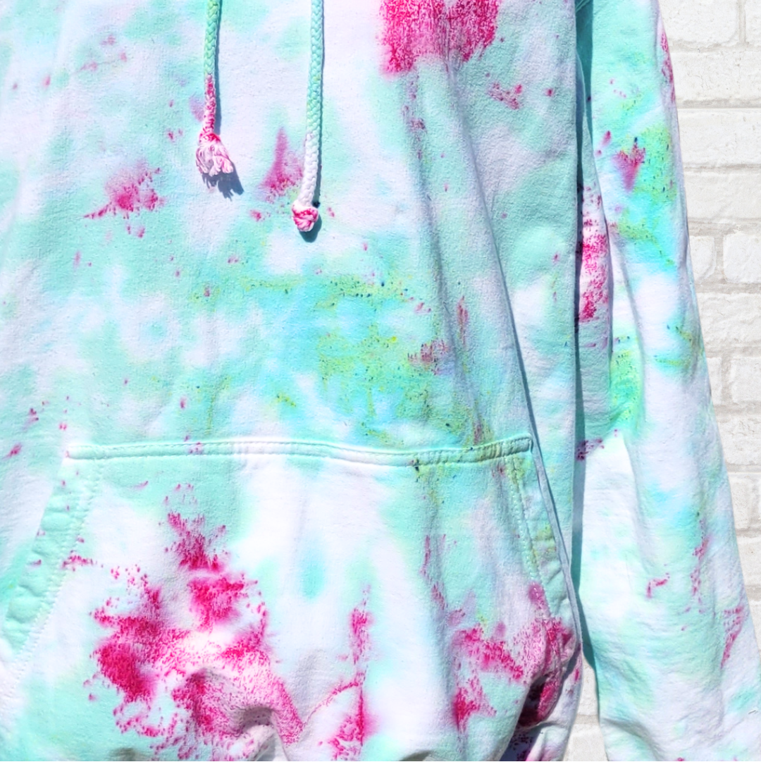 Mint green & hot pink tie dye hoodie detail | Pastel swirl pattern | AbiDashery
