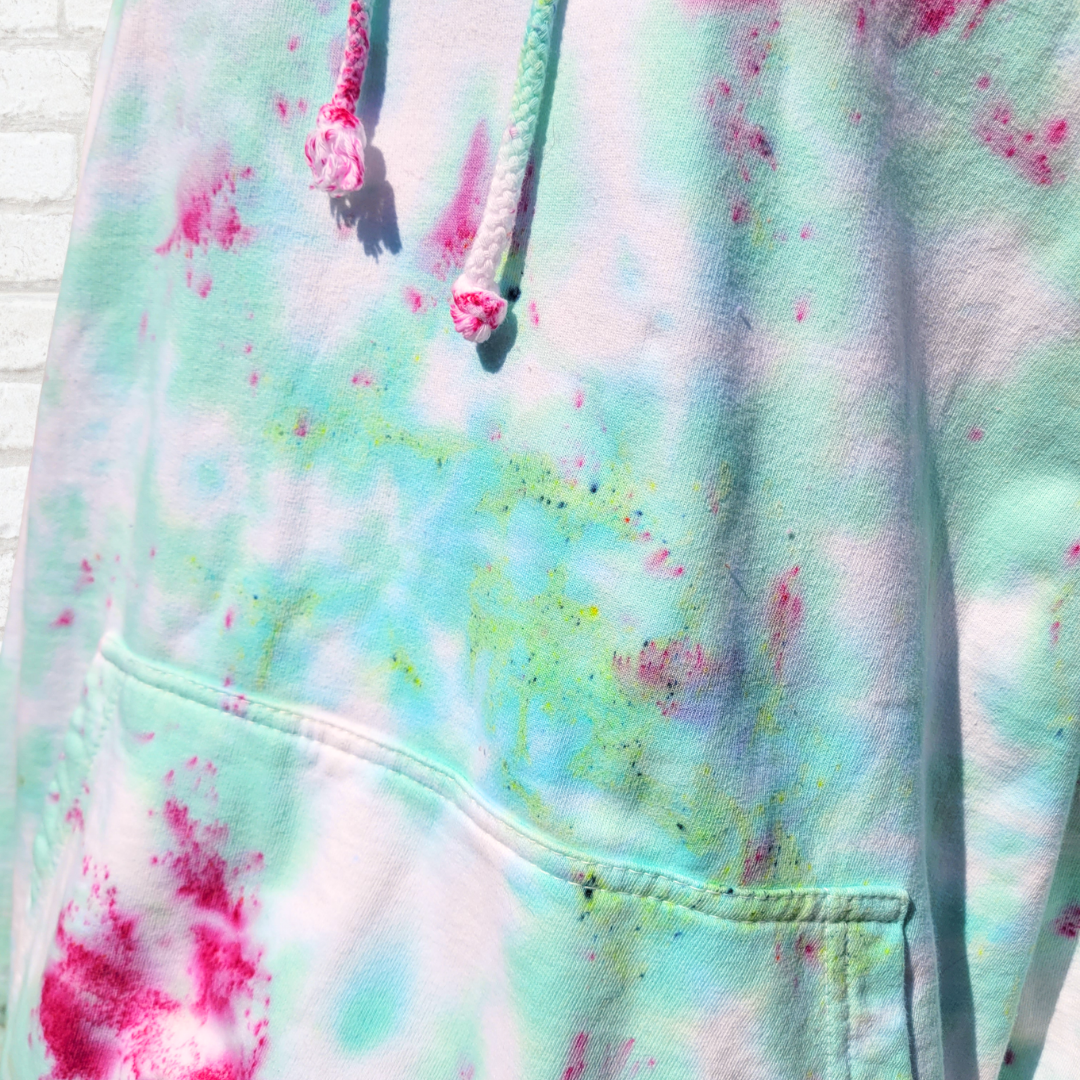 Mint green & hot pink tie dye hoodie size chart | Unisex XS–3XL | AbiDashery
