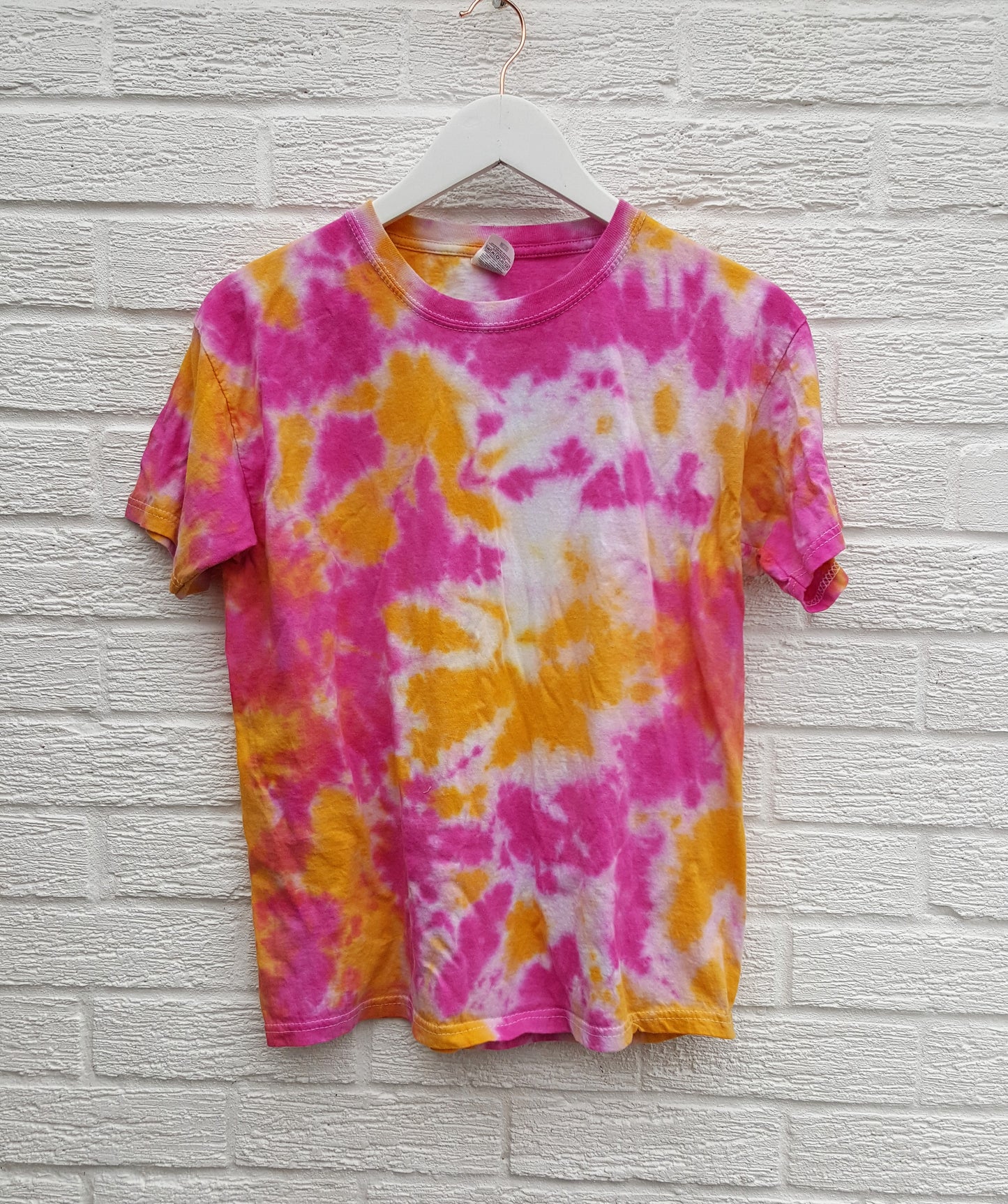 pink and yellow tie dye t-shirt in organic cotton