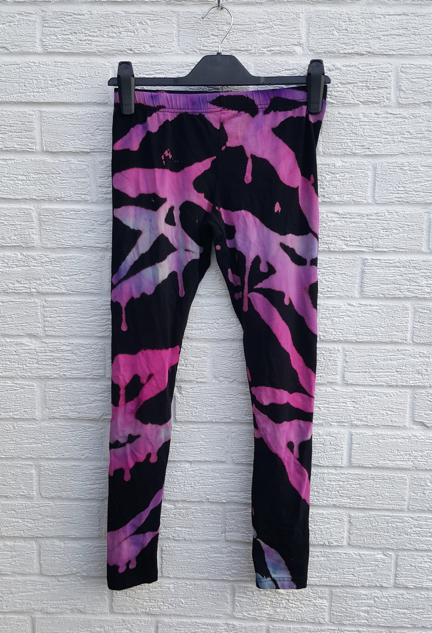 Bleach dyed and hand dyed women's leggings, perfect for yoga class! In beautiful aqua & pink bleach dye shades in 100% Cotton Size S.  Hand dyed with love by AbiDashery.  Only one pair available.   We only use recycled and compostable packaging!