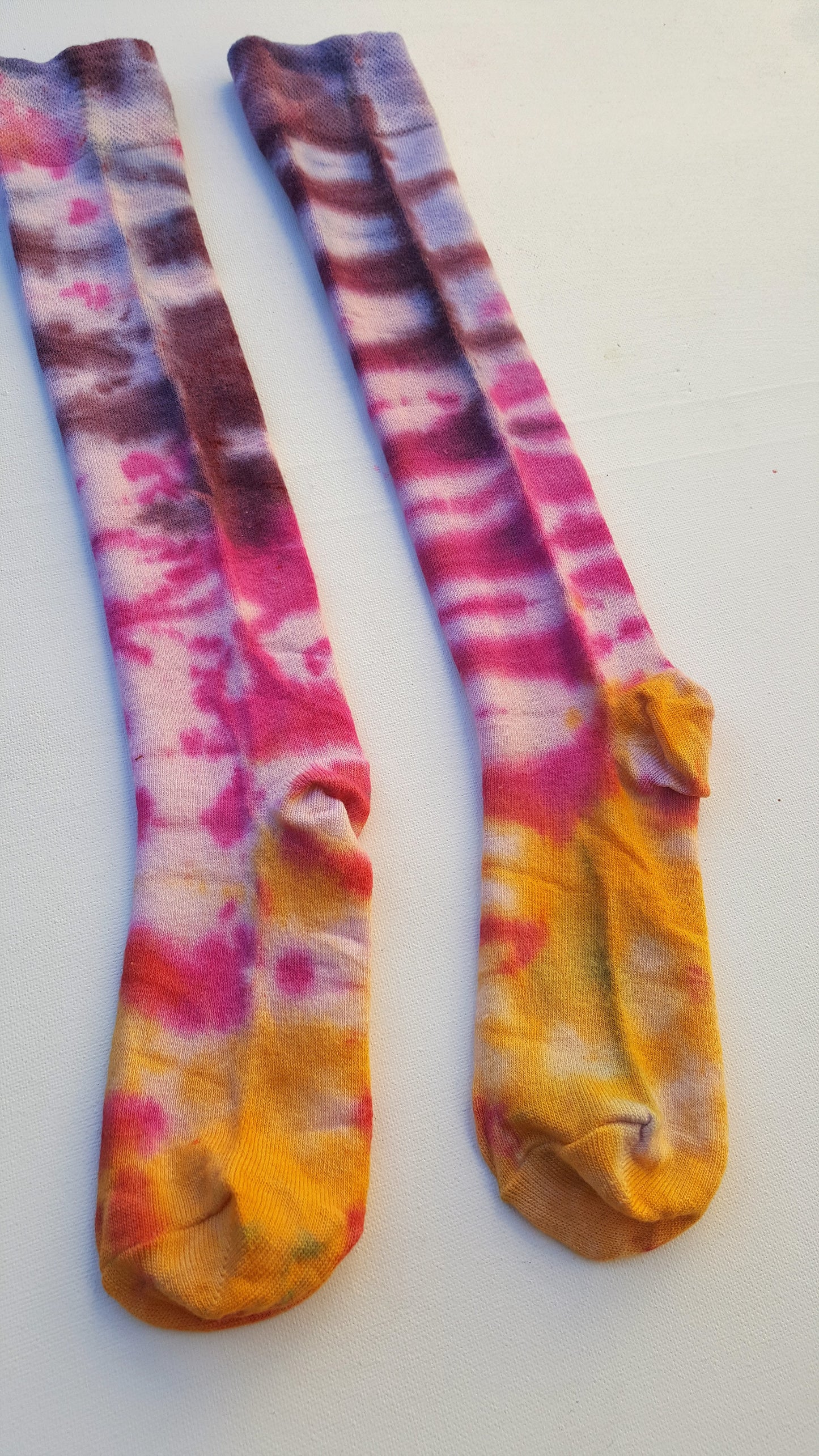 One pair of hand dyed bamboo knee high socks, in ice tie dye colours. Each is pair is unique and hand dyed with love, several colour options available.  Made with natural organic bamboo fibres, light and breathable. 80% bamboo, 17% polyamide, 3% elastane .  To fit women's size UK 4-8 - EUR 37-42 - US 6-10