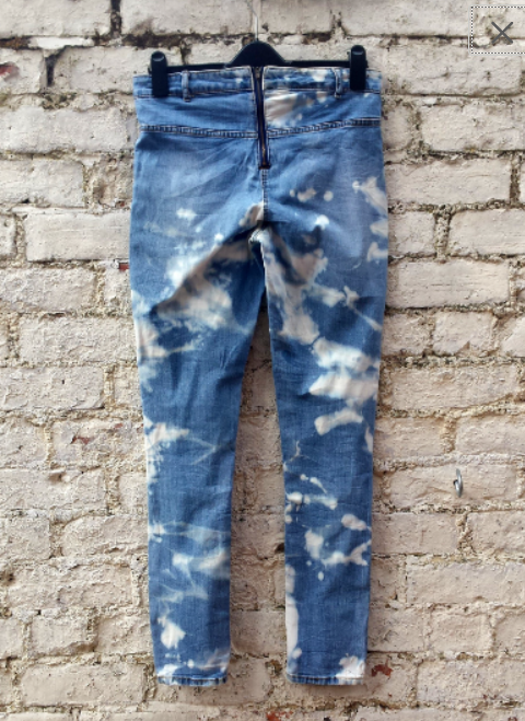 Upcycled skinny jeans, high waisted, ripped, blue jeans, with bleach design, to fit UK size 14 or US size 10. These one of a kind jeans were upcycled from a pair of jeans found in a thrift store, so they're not just one of a kind! They're also sustainable, ethical & friendly to the environment too! Hand dyed in the UK by AbiDashery. We only use recycled and compostable packaging!