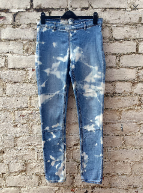 Upcycled skinny jeans, high waisted, ripped, blue jeans, with bleach design, to fit UK size 14 or US size 10. These one of a kind jeans were upcycled from a pair of jeans found in a thrift store, so they're not just one of a kind! They're also sustainable, ethical & friendly to the environment too! Hand dyed in the UK by AbiDashery. We only use recycled and compostable packaging!