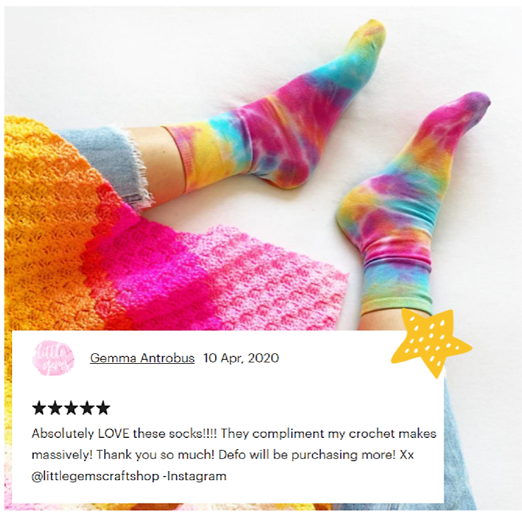 Tie dye socks for women. Gift set of 3 pairs of tie dye socks, packs will each contain x3 pairs of tie dye socks in a mixture of colours and may not be the same as socks shown, however each pair is hand dyed with love and each pair is special and unique.
